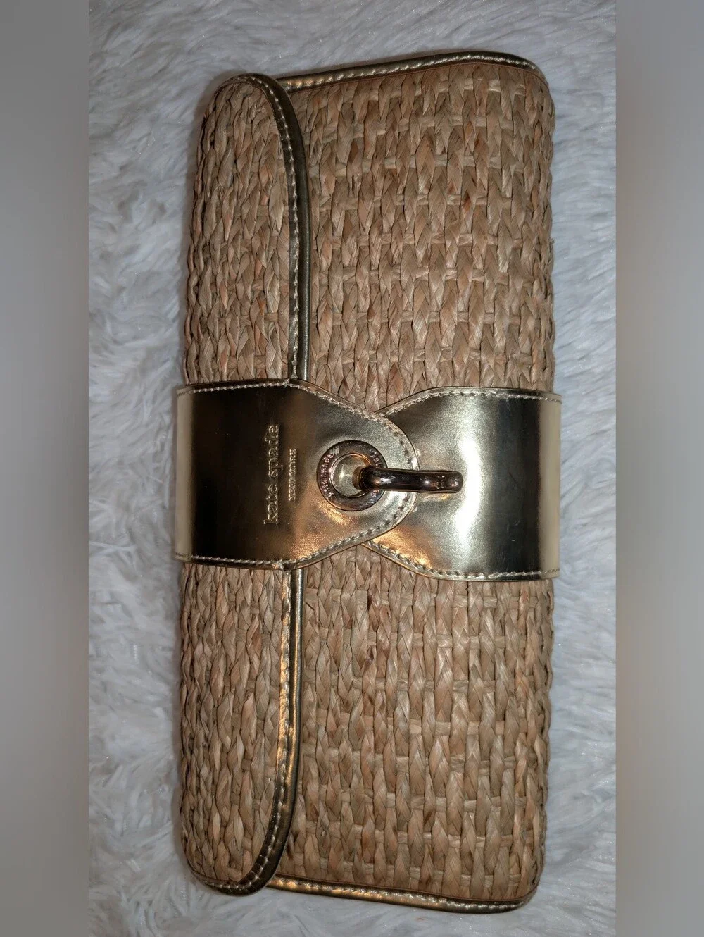 Kate Spade Wicker & Patent Leather Clutch Lock Closure Gold Tan VGC